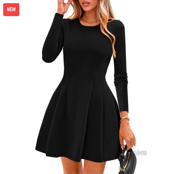 Long Sleeve Knit Mini Dress A-Line Babydoll Pleated Swing Party Casual